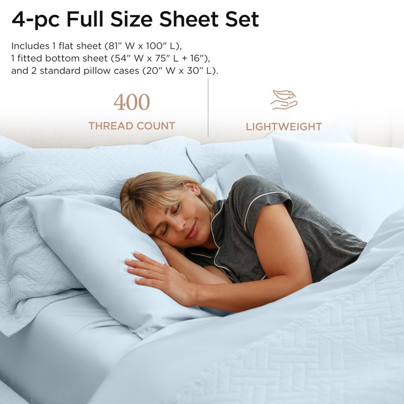 Threadmill Egyptian Cotton Full Size Sheet Set | 100% Certified Egyptian Cotton Sheets for Full Size Bed | Full Bed Sheets Set 16" Deep Pocket | Soft Sateen 4-Piece Cooling Bedding Set | Light Blue - Image 2
